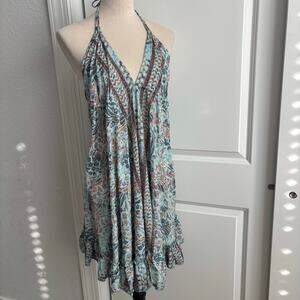 Eva Collection 100% Silk Scarf Halter Dress Mini Blue Floral Boho Festival S/M